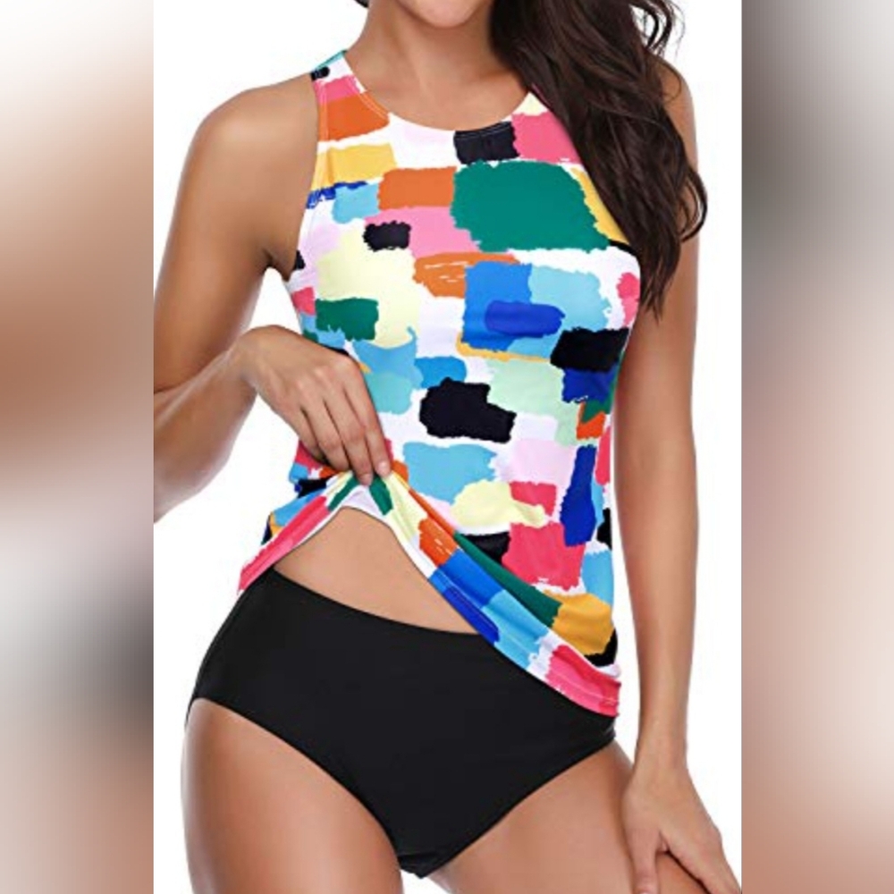 NWT. Holipick Colorful Abstract Women's Halter Neck Style Tankini Swimsuit - Picture 2 of 12